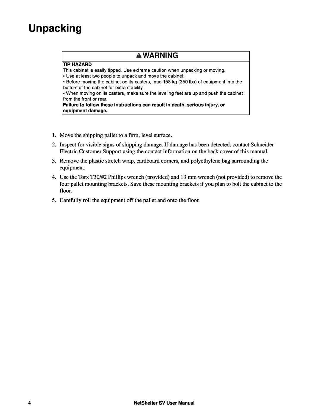 APC AR2400 user manual Unpacking, Tip Hazard, NetShelter SV User Manual 