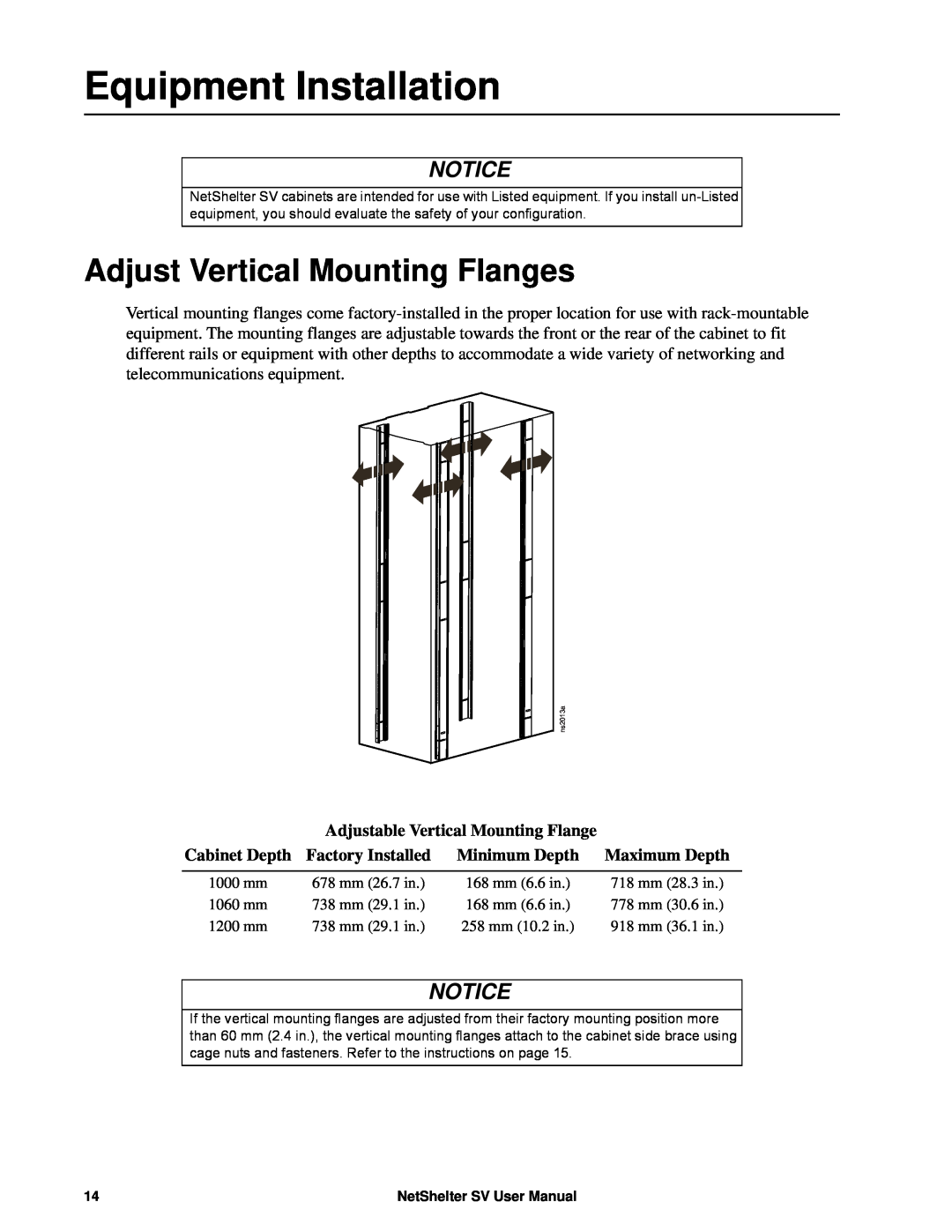 APC AR2400 user manual Equipment Installation, Adjust Vertical Mounting Flanges, Notice 