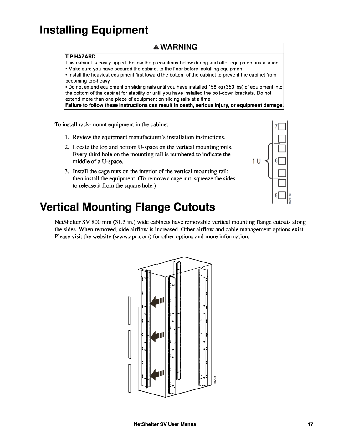 APC AR2400 user manual Installing Equipment, Vertical Mounting Flange Cutouts 