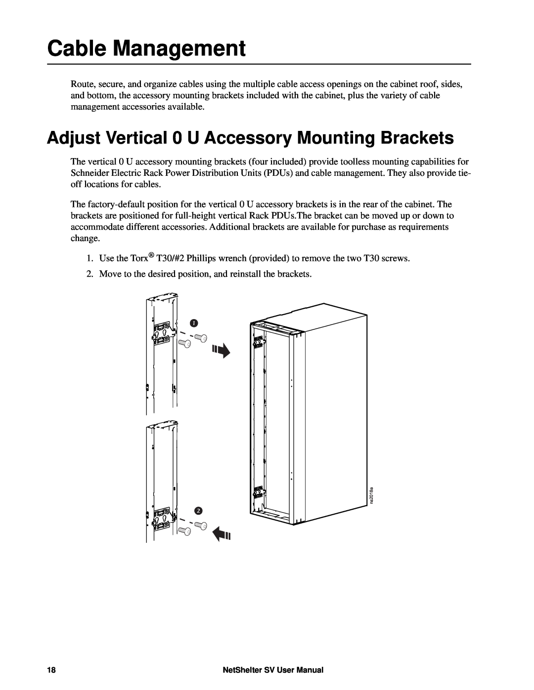 APC AR2400 user manual Cable Management, Adjust Vertical 0 U Accessory Mounting Brackets 