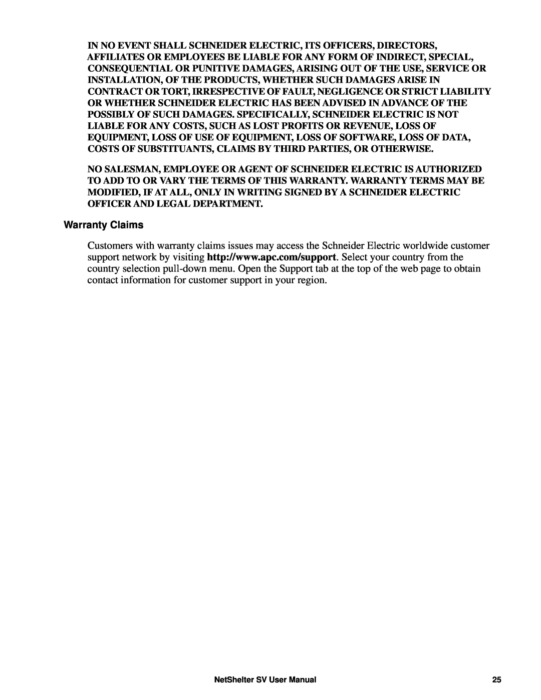 APC AR2400 user manual Warranty Claims, NetShelter SV User Manual 