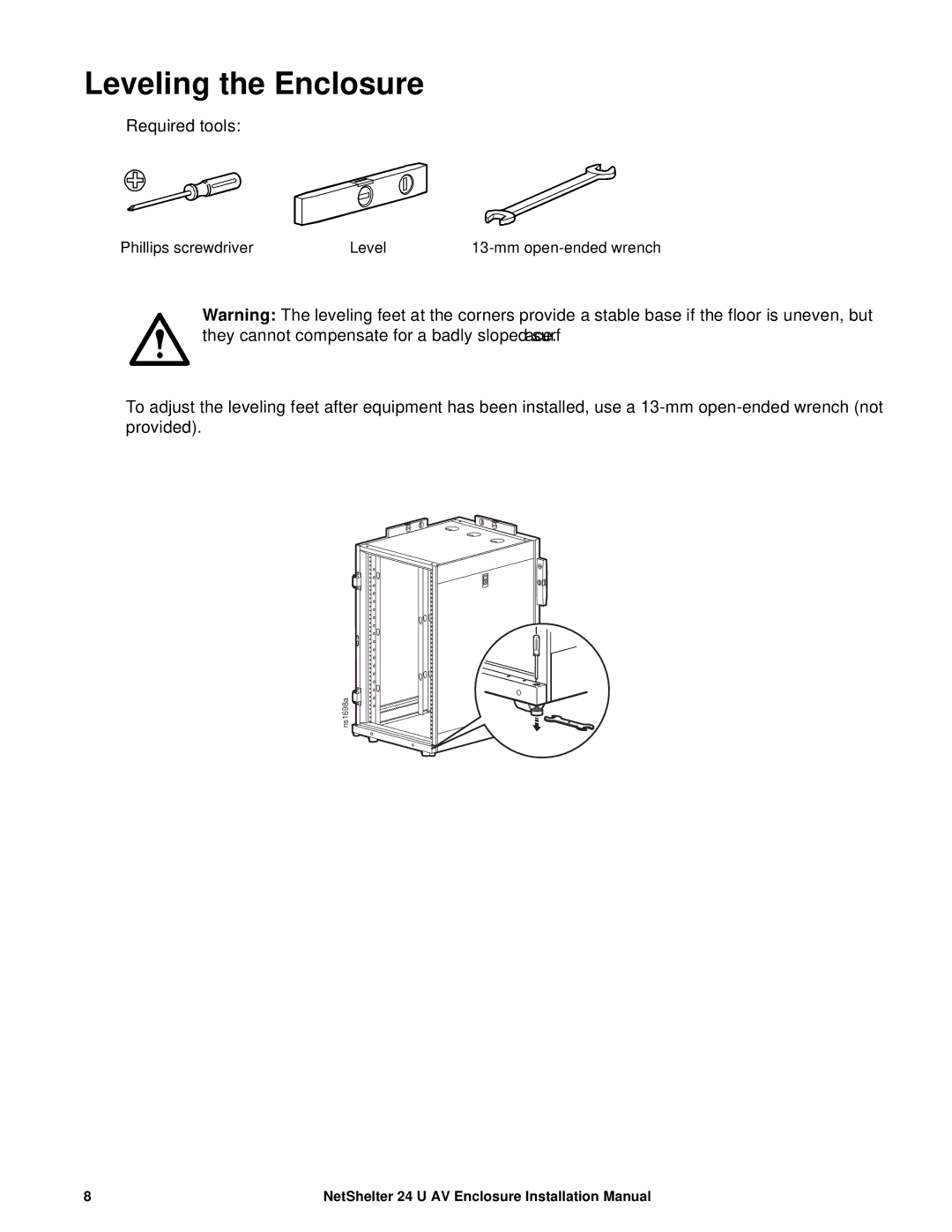 APC AR3814 installation manual Leveling the Enclosure, Required tools 