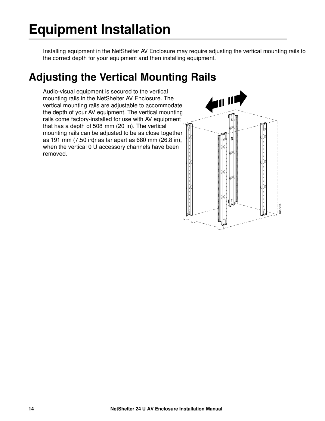 APC AR3814 installation manual Equipment Installation, Adjusting the Vertical Mounting Rails 