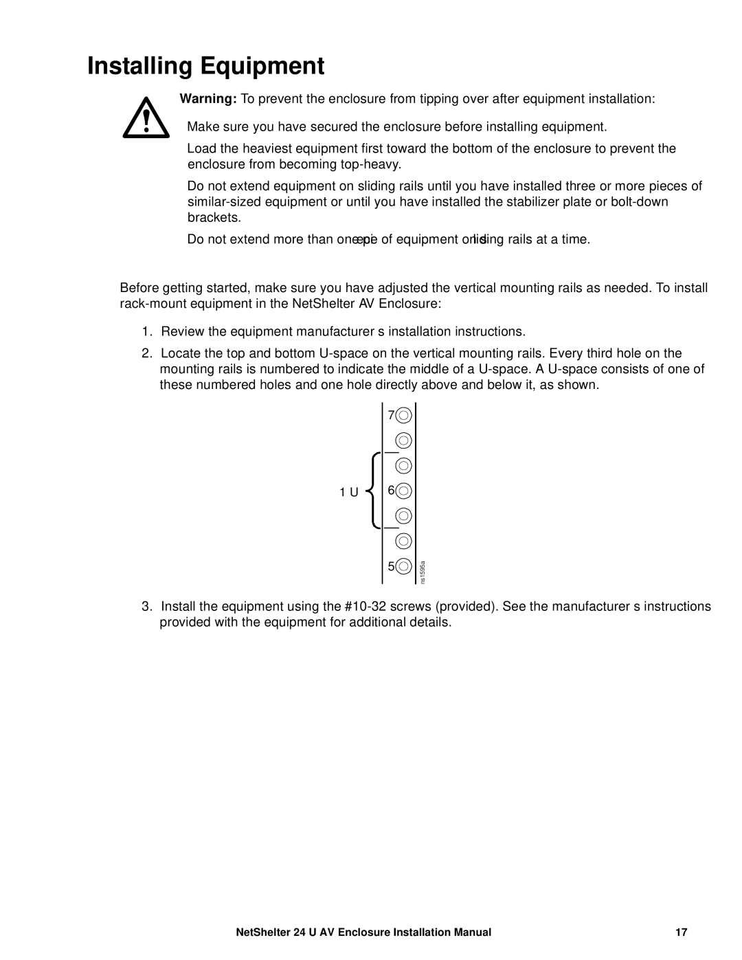 APC AR3814 installation manual Installing Equipment 