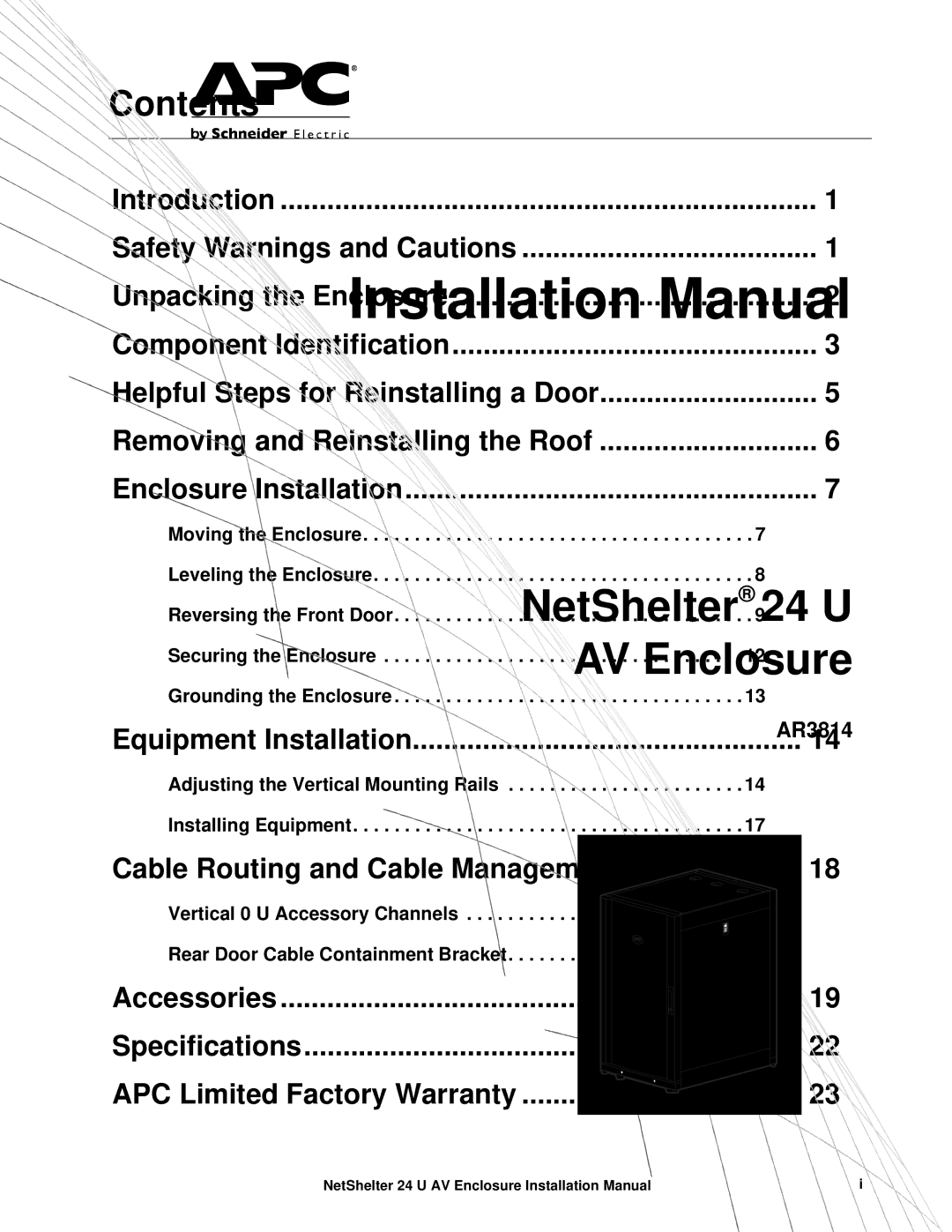 APC AR3814 installation manual Contents 