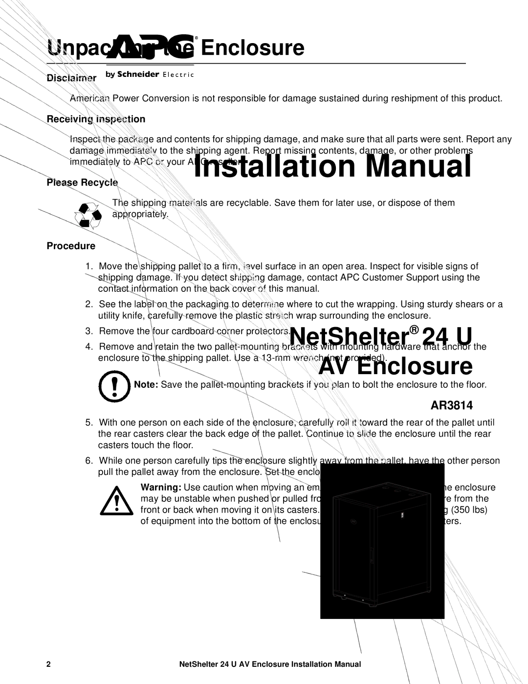 APC AR3814 installation manual Unpacking the Enclosure, Disclaimer 