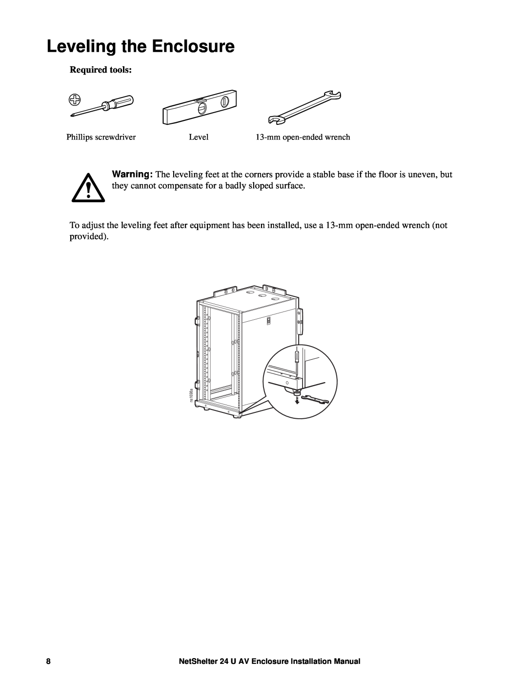 APC AR3814 installation manual Leveling the Enclosure, Required tools 