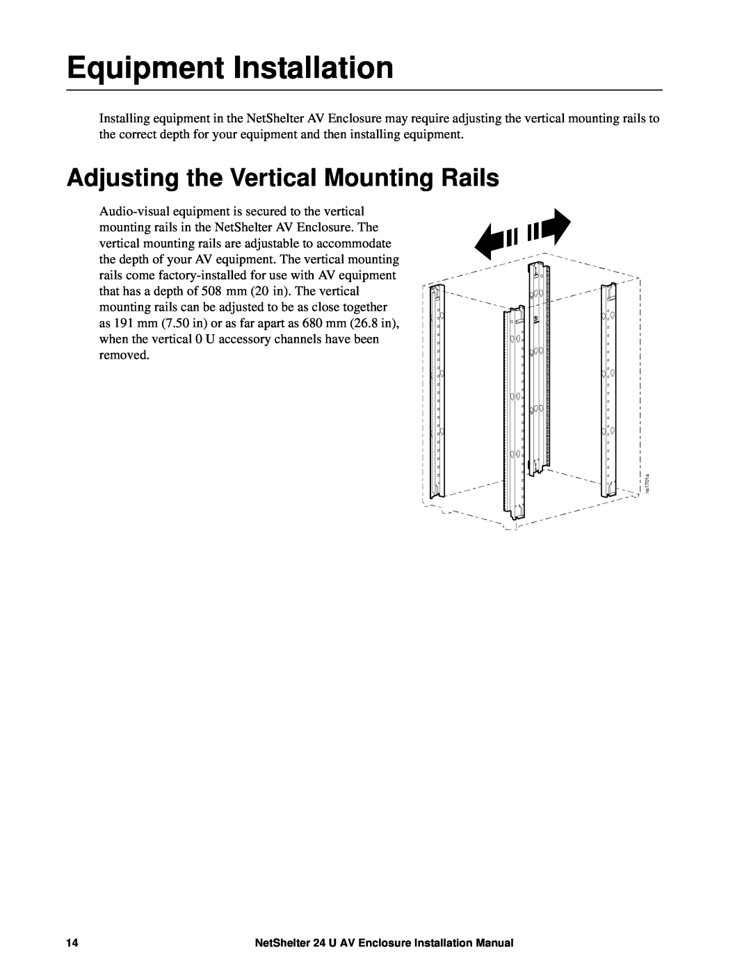 APC AR3814 installation manual Equipment Installation, Adjusting the Vertical Mounting Rails 
