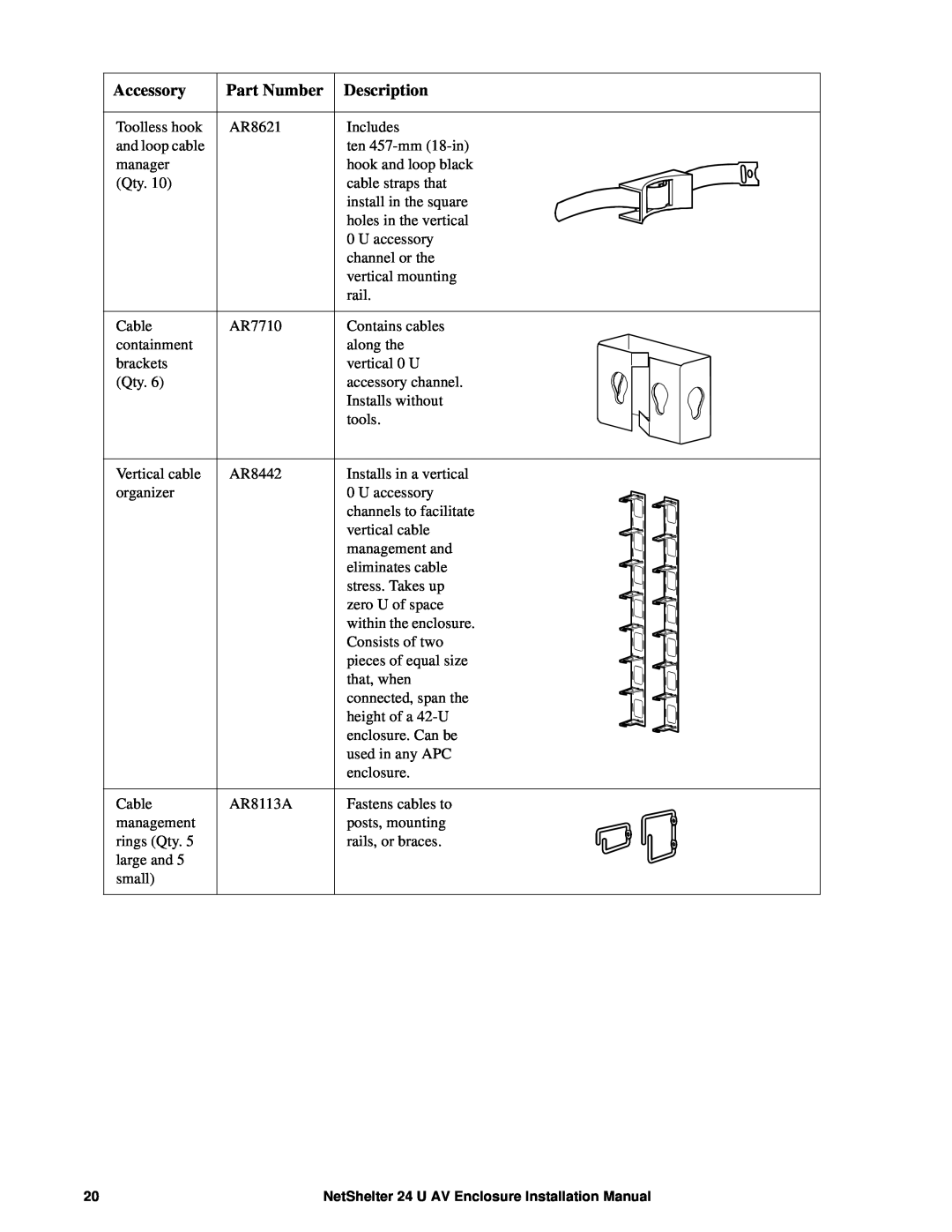 APC AR3814 installation manual Accessory, Part Number, Description, Toolless hook 