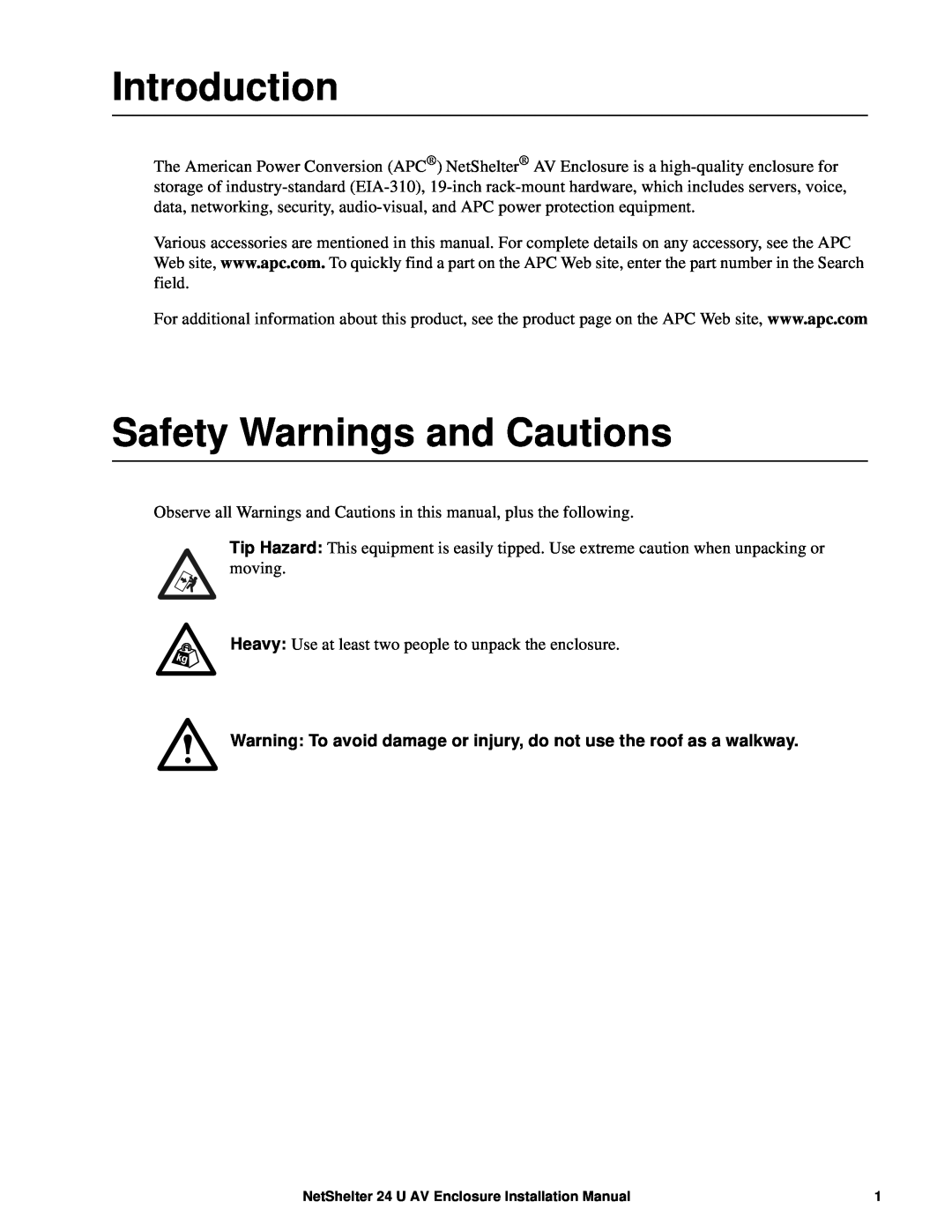 APC AR3814 installation manual Introduction, Safety Warnings and Cautions, NetShelter 24 U AV Enclosure Installation Manual 