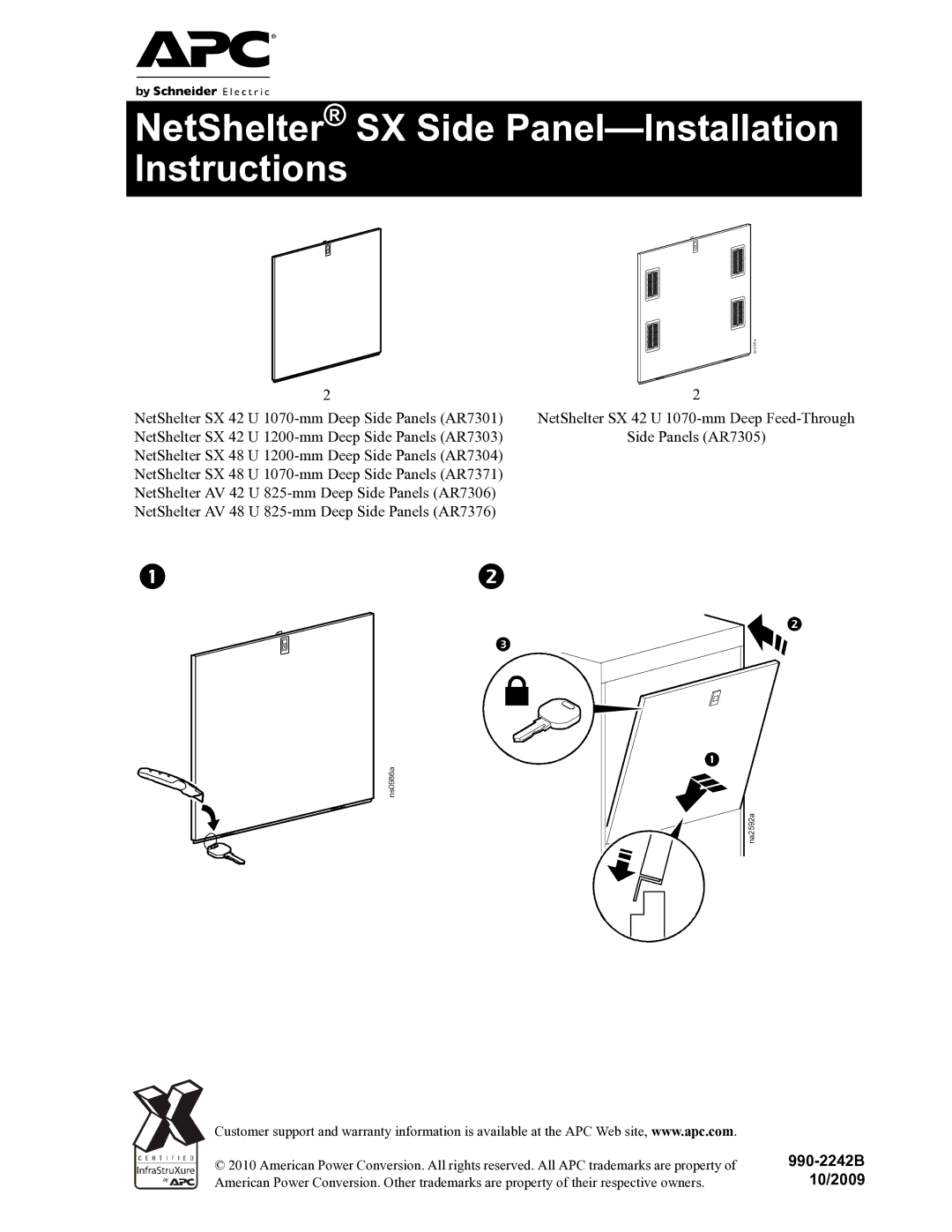 APC AR7304, AR7371, AR7376, AR7301, AR7303, AR7306 warranty NetShelter SX Side Panel-Installation Instructions 