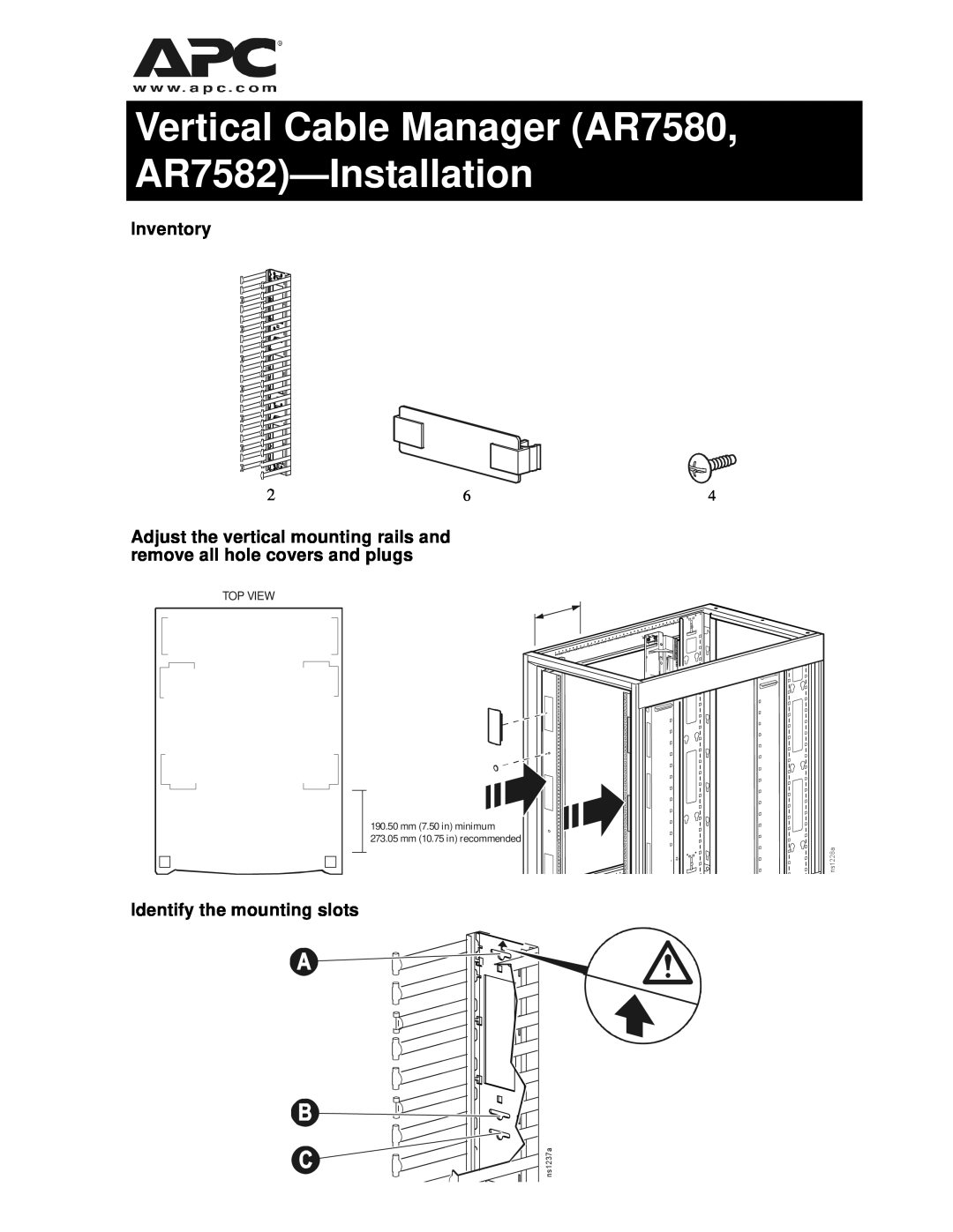 APC manual Inventory, Identify the mounting slots, ns1237a, Vertical Cable Manager AR7580, AR7582-Installation, ns1228a 