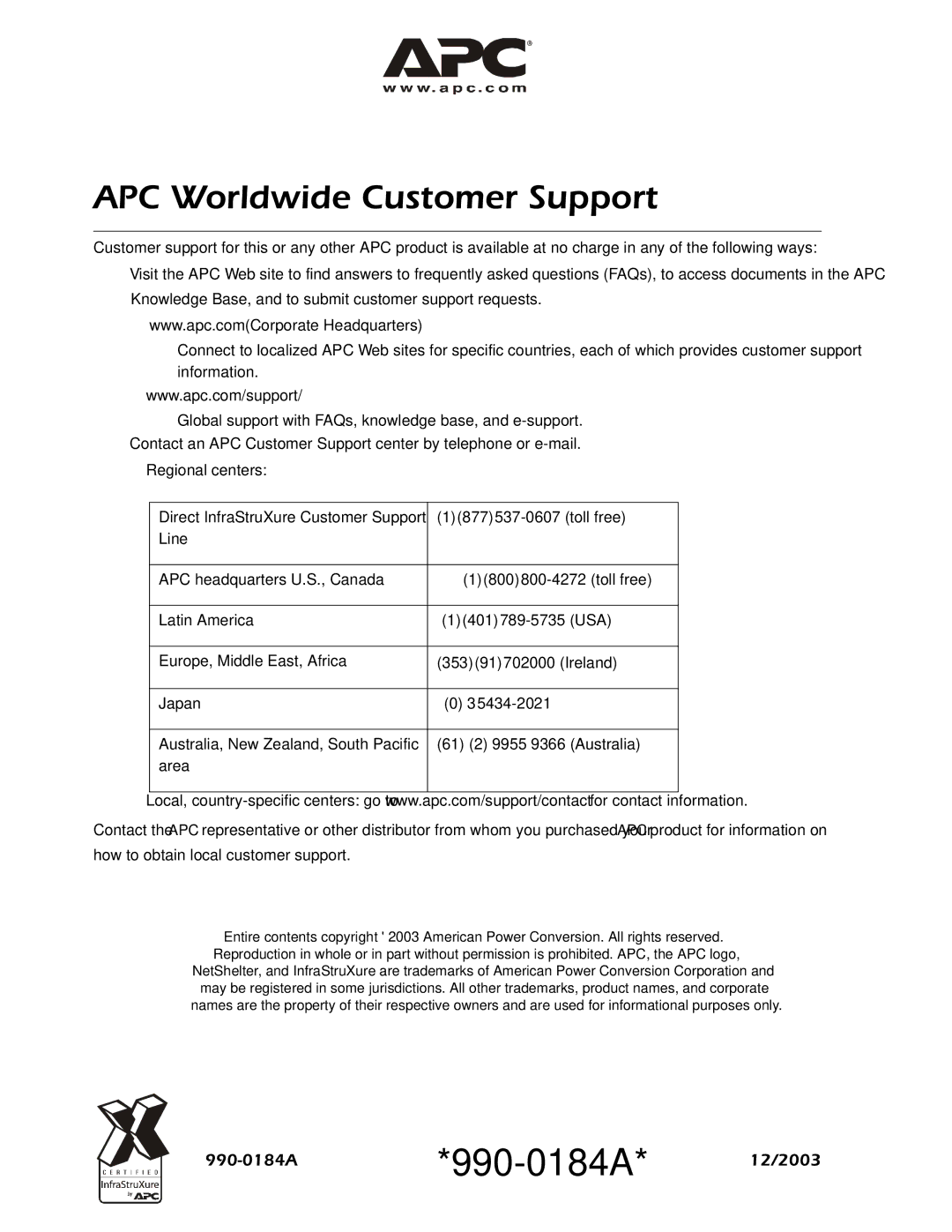 APC AR8113A instruction sheet 990-0184A 