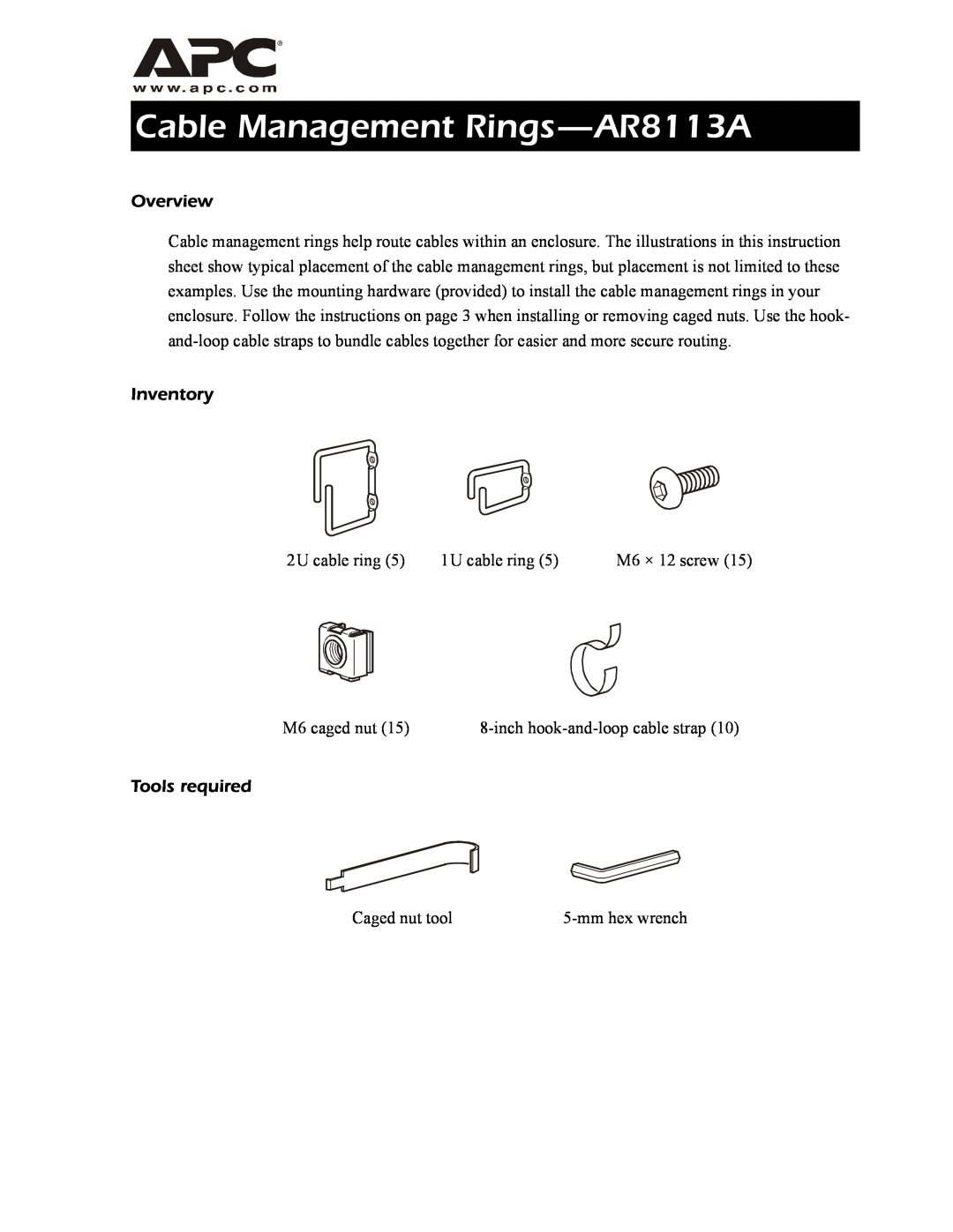 APC instruction sheet Overview, Inventory, Tools required, Cable Management Rings-AR8113A 
