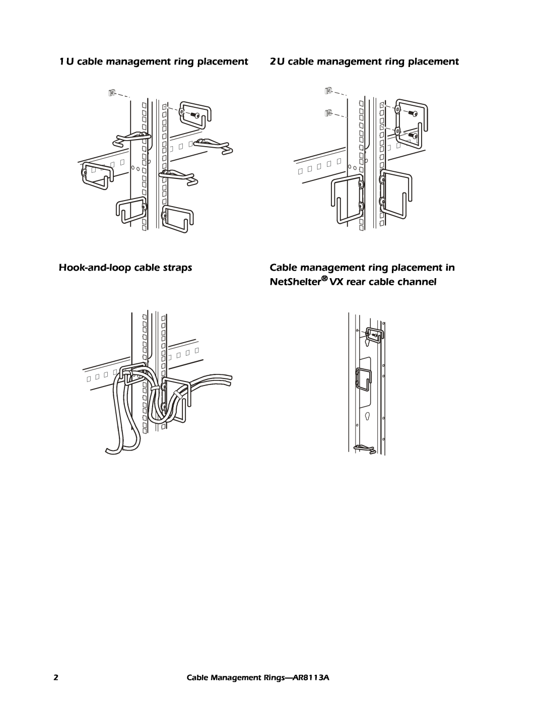 APC AR8113A 1U cable management ring placement, 2U cable management ring placement, Hook-and-loop cable straps 