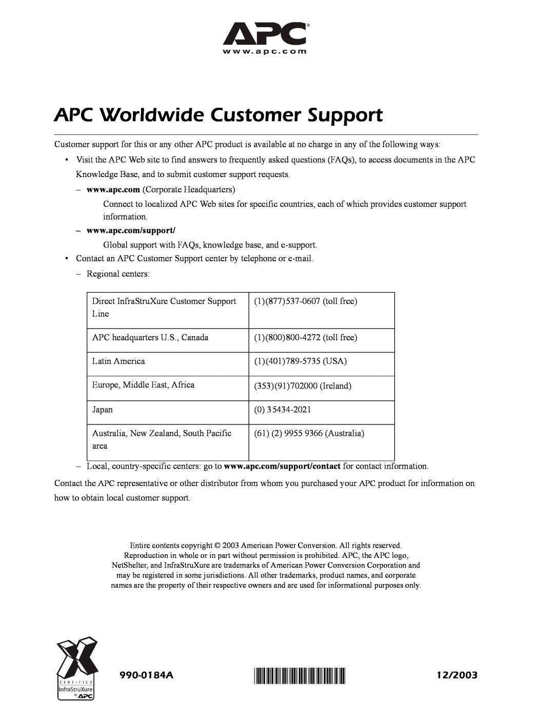 APC AR8113A instruction sheet 990-0184A, 12/2003, APC Worldwide Customer Support 