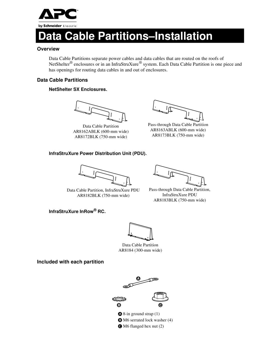 APC AR8182BLK, AR8173BLK, AR8163ABLK, AR8184, AR8162ABLK manual Overview, Data Cable Partitions, Included with each partition 