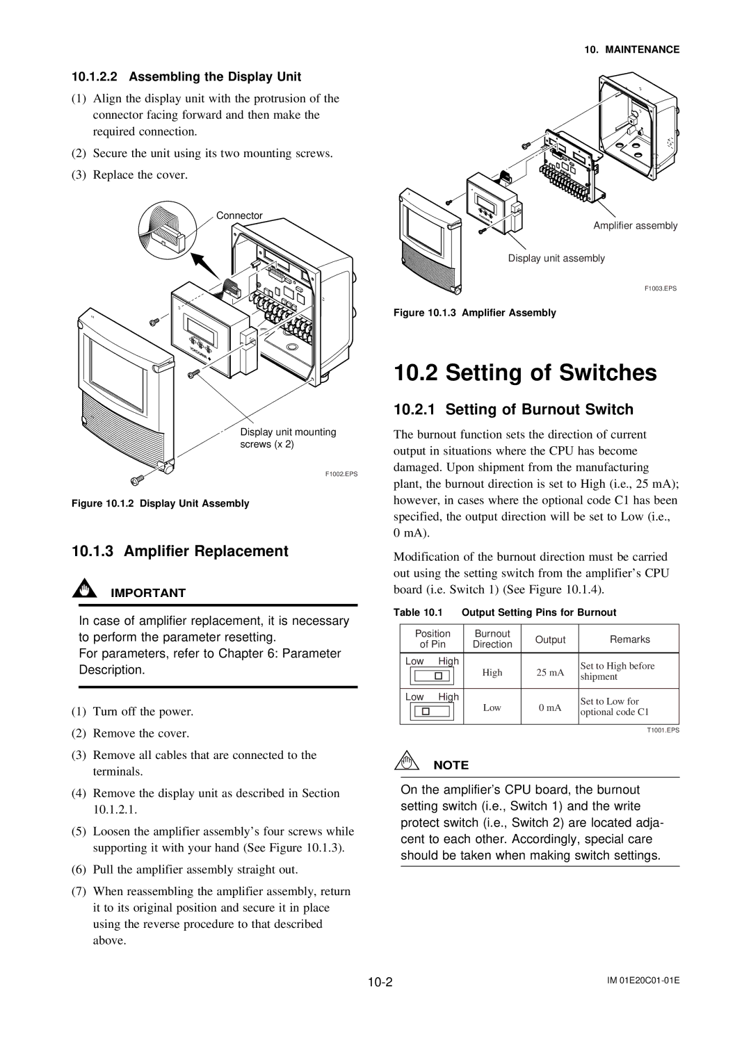 APC AXFA11G user manual Setting of Switches, Amplifier Replacement, Setting of Burnout Switch, Assembling the Display Unit 