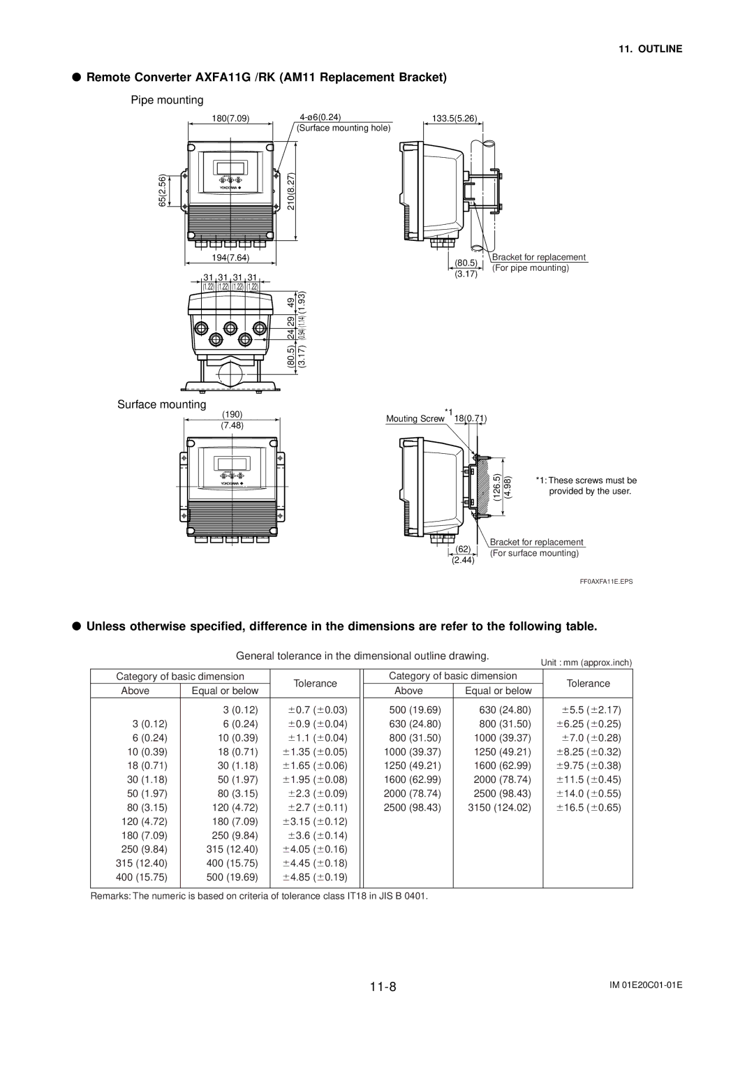 APC Remote Converter AXFA11G /RK AM11 Replacement Bracket, General tolerance in the dimensional outline drawing 