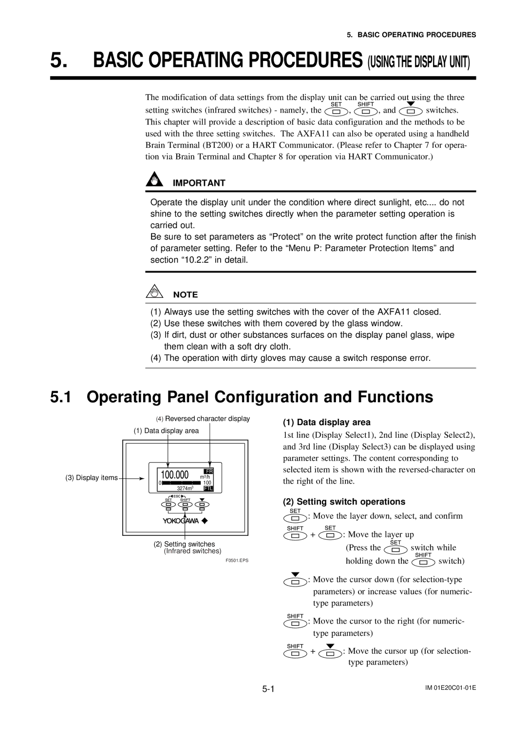 APC AXFA11G user manual Operating Panel Configuration and Functions, Data display area, Setting switch operations 