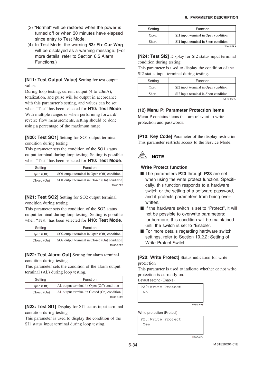 APC AXFA11G N11 Test Output Value Setting for test output, Menu P Parameter Protection items, Write Protect function 