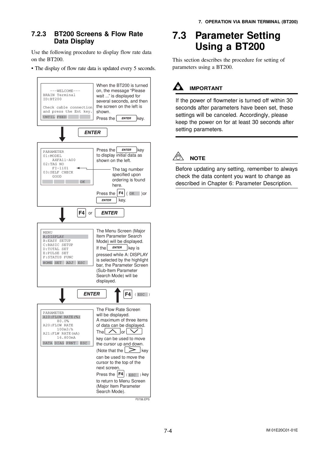 APC AXFA11G user manual Parameter Setting Using a BT200, 3 BT200 Screens & Flow Rate Data Display 