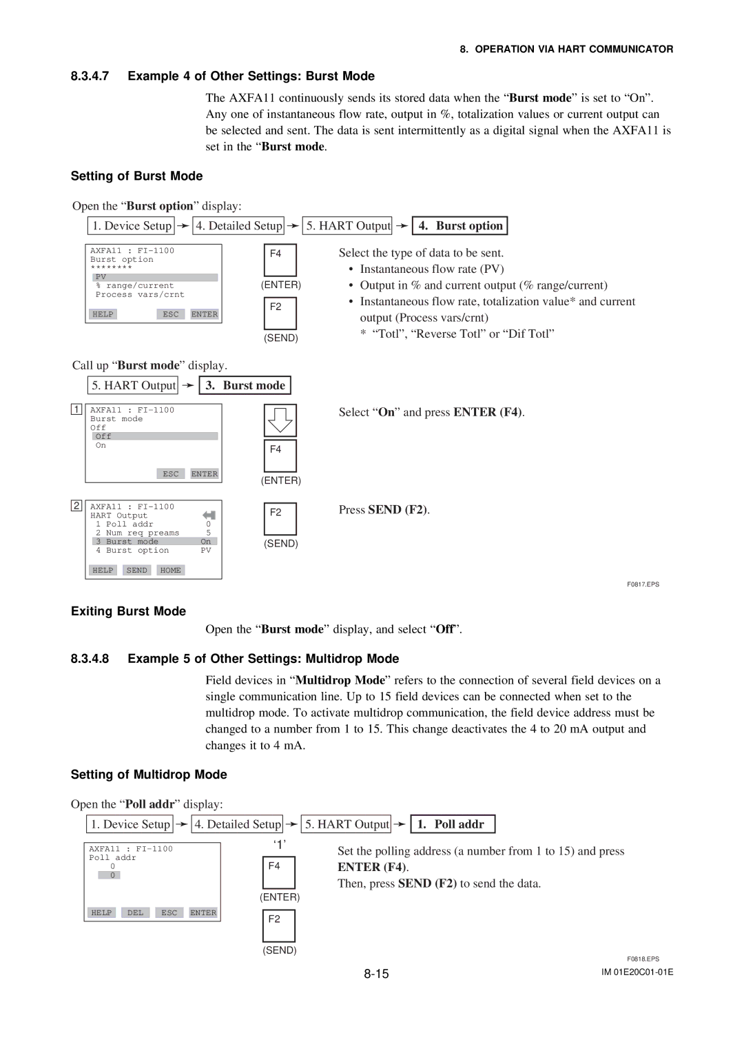 APC AXFA11G Example 4 of Other Settings Burst Mode, Setting of Burst Mode, Exiting Burst Mode, Setting of Multidrop Mode 