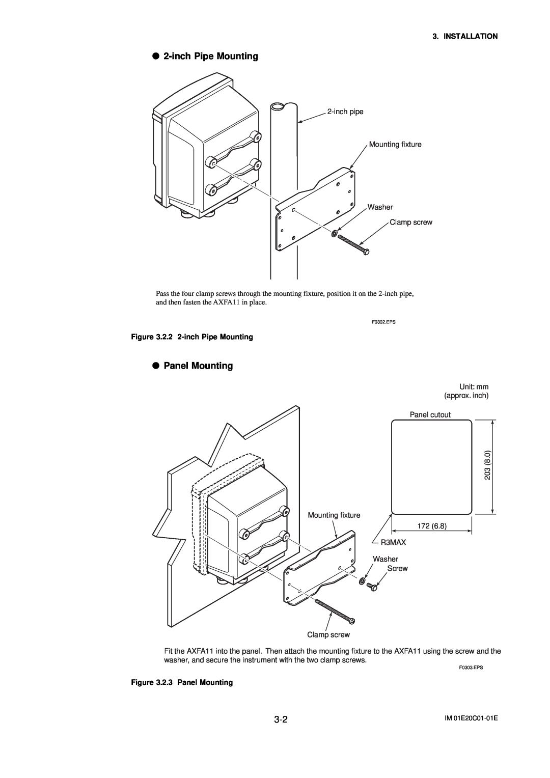 APC AXFA11G user manual Installation, 2.2 2-inch Pipe Mounting, 2.3 Panel Mounting 