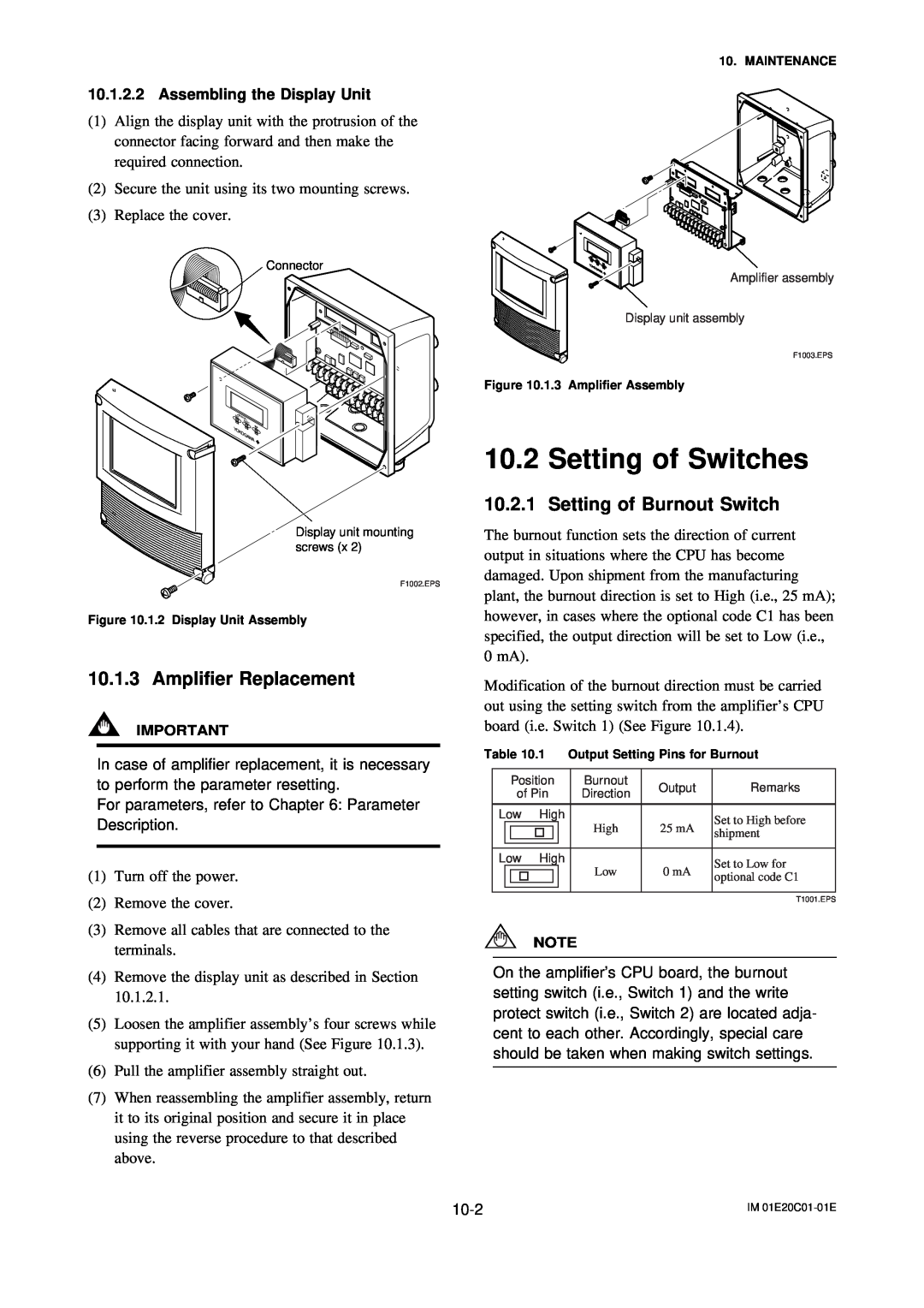 APC AXFA11G user manual Setting of Switches, Amplifier Replacement, Setting of Burnout Switch, Assembling the Display Unit 