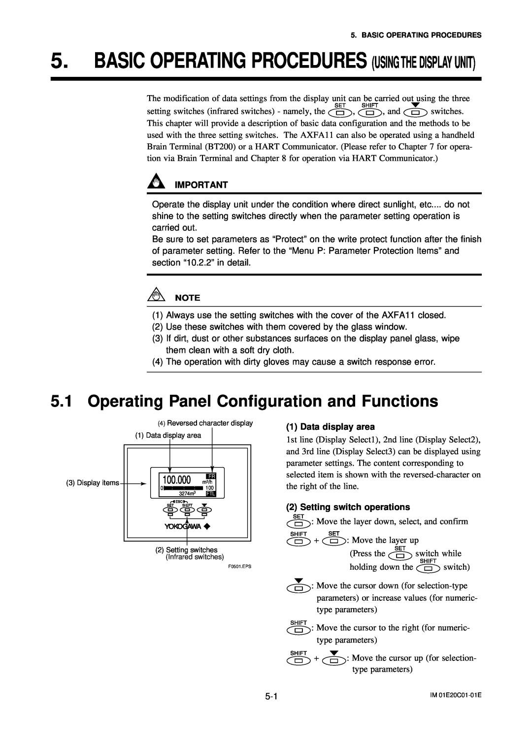 APC AXFA11G user manual Operating Panel Configuration and Functions, Data display area, Setting switch operations 