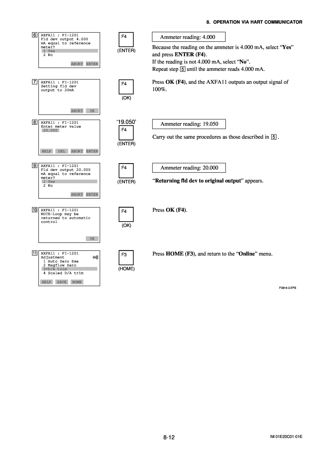 APC AXFA11G user manual “Returning fld dev to original output” appears, ‘19.050’, 8-12 