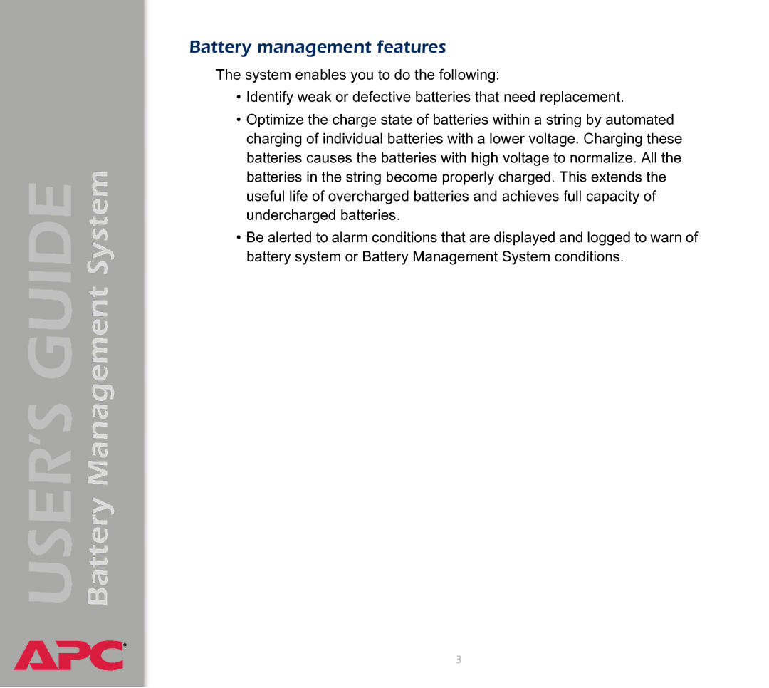 APC Battery Management System manual Battery management features 