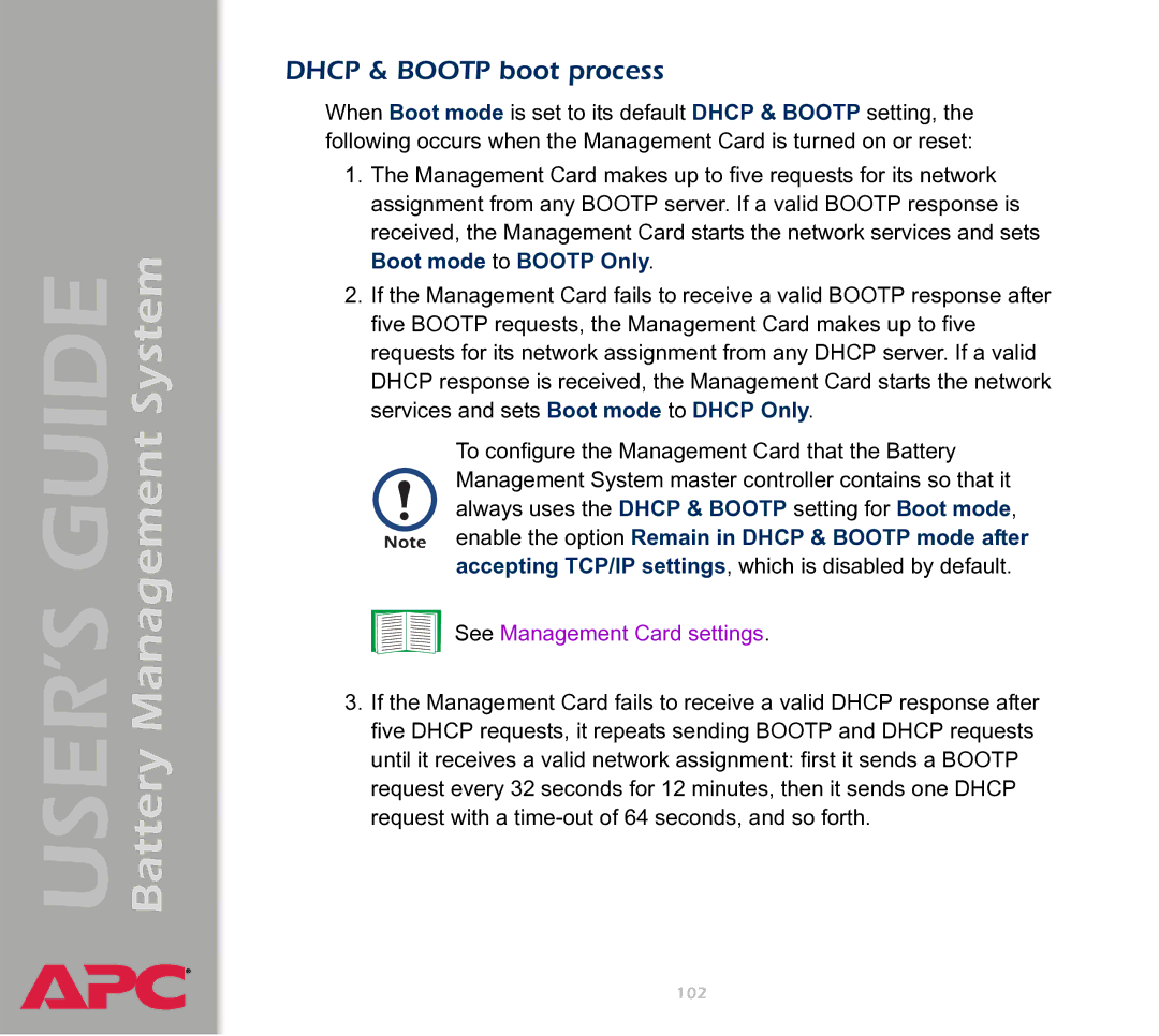 APC Battery Management System manual Dhcp & Bootp boot process, See Management Card settings 