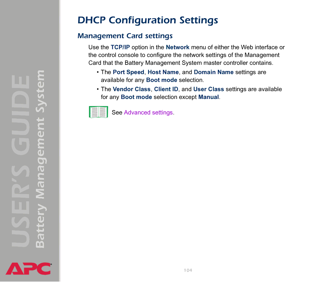 APC Battery Management System manual Dhcp Configuration Settings, Management Card settings 