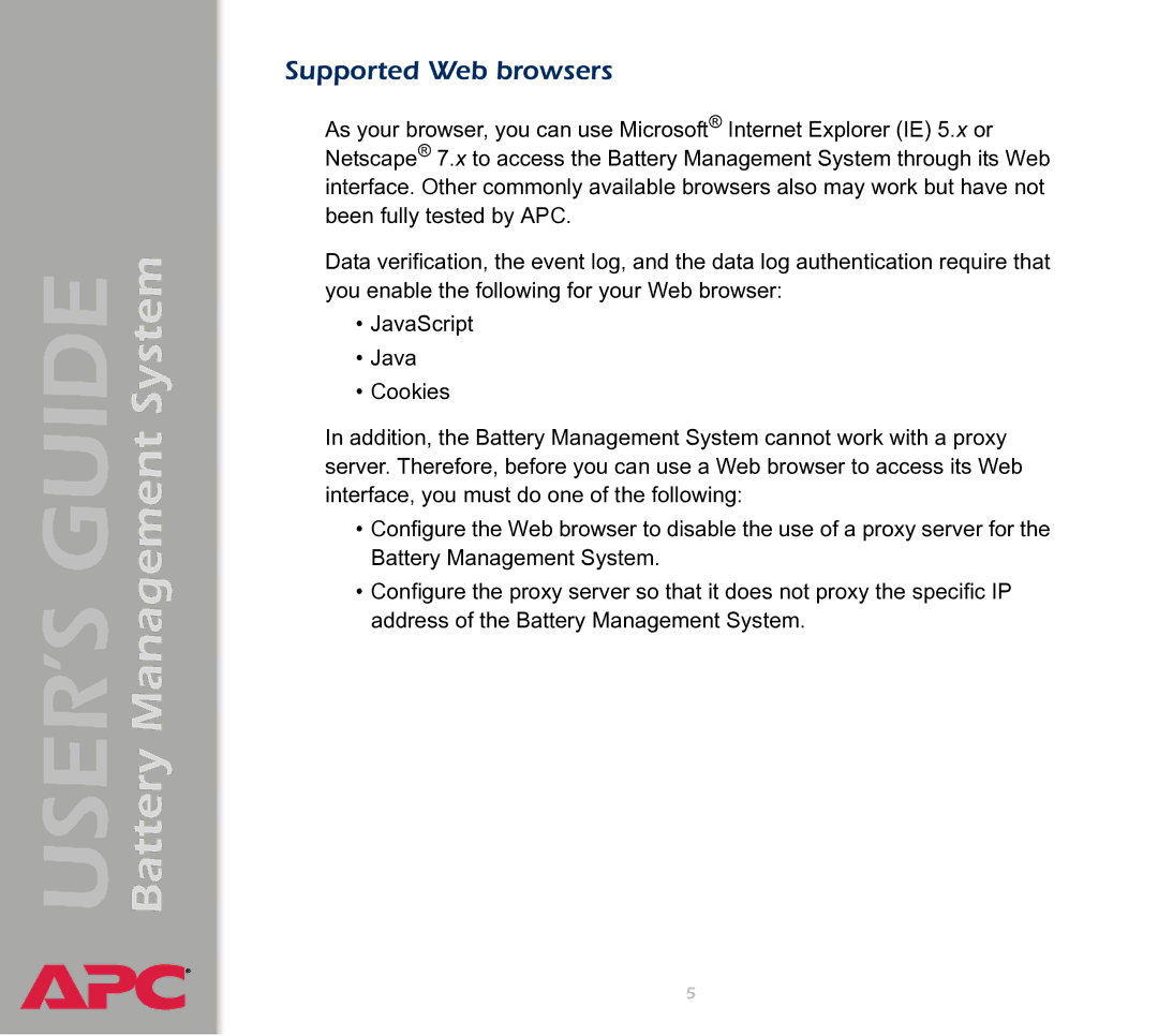 APC Battery Management System manual Supported Web browsers 