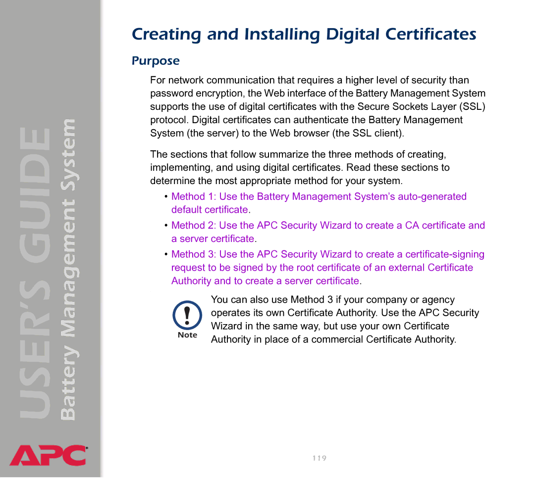 APC Battery Management System manual Creating and Installing Digital Certificates, Purpose 