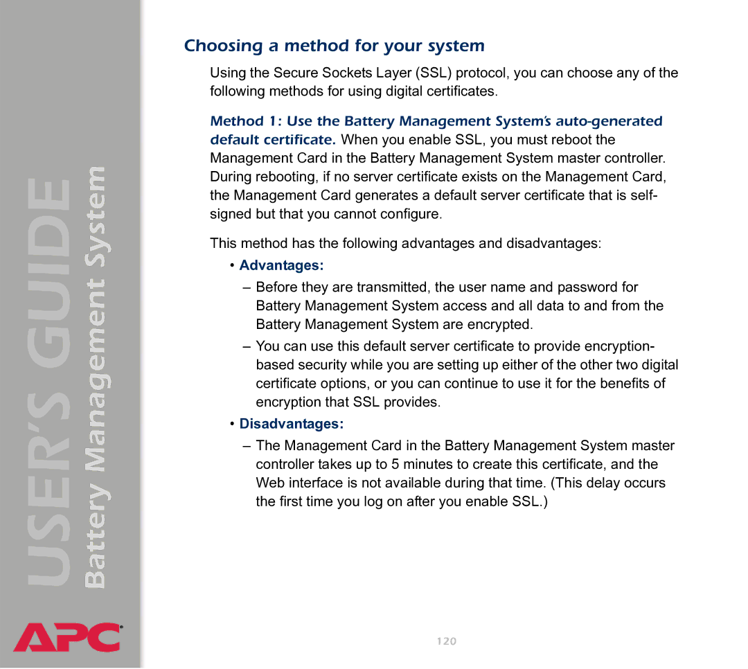 APC Battery Management System manual Choosing a method for your system, Advantages, Disadvantages 