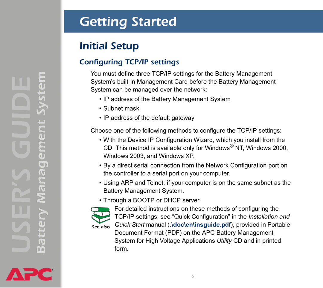 APC Battery Management System manual Getting Started, Initial Setup, Configuring TCP/IP settings 