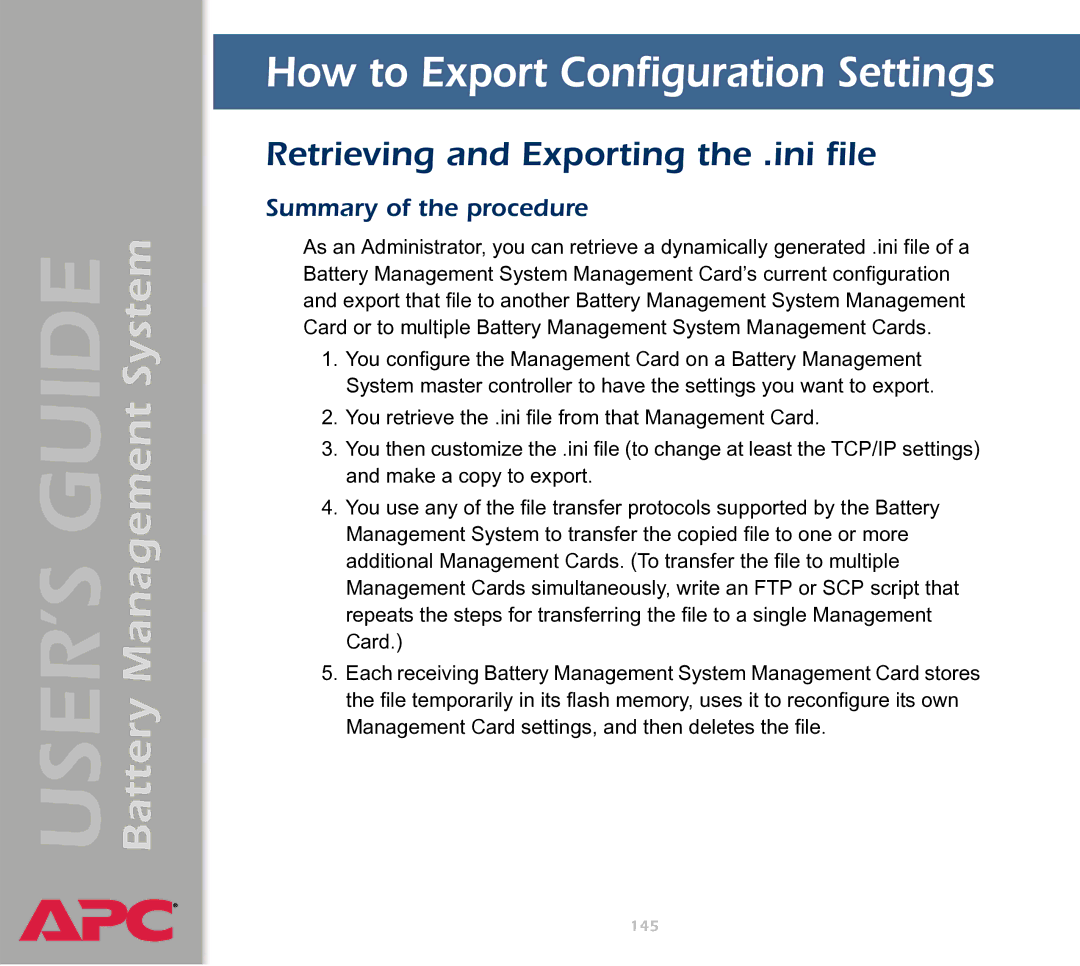 APC Battery Management System manual Retrieving and Exporting the .ini file, Summary of the procedure 