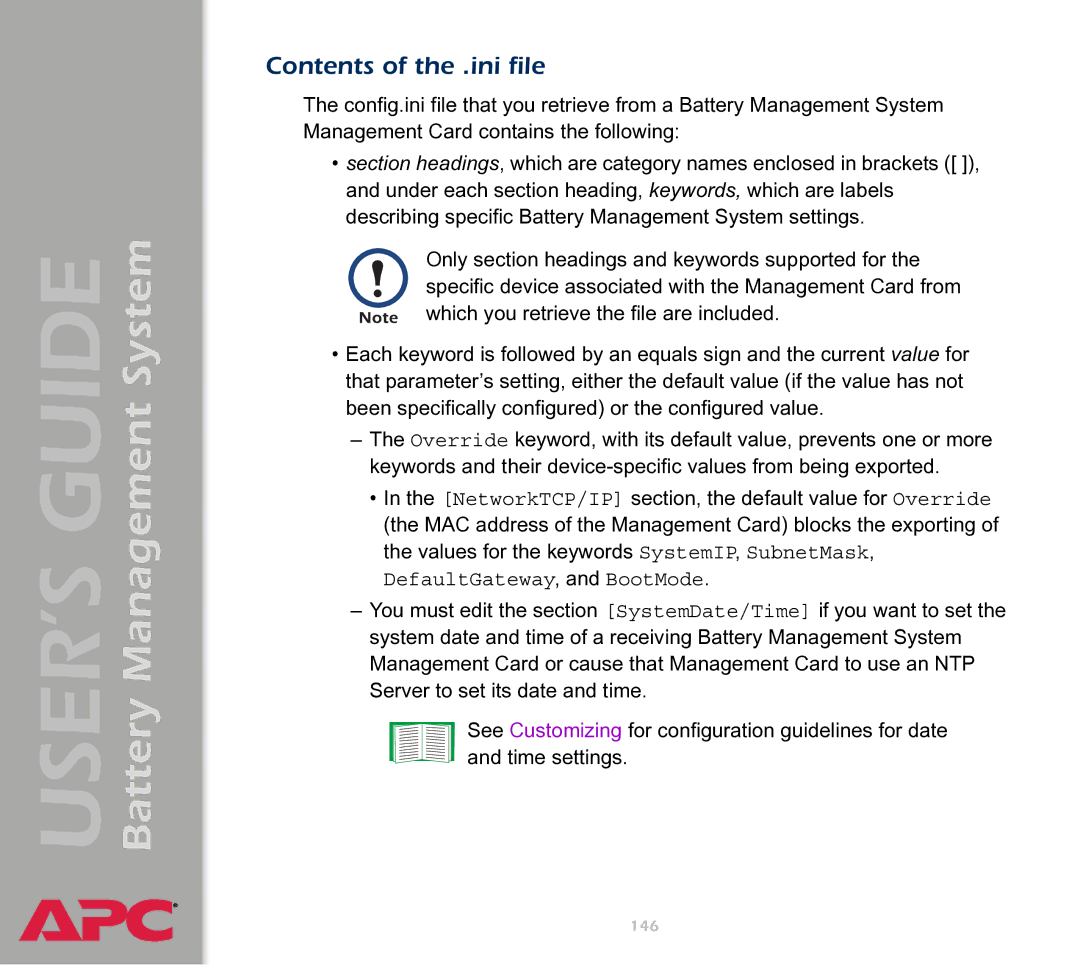 APC Battery Management System manual Contents of the .ini file 