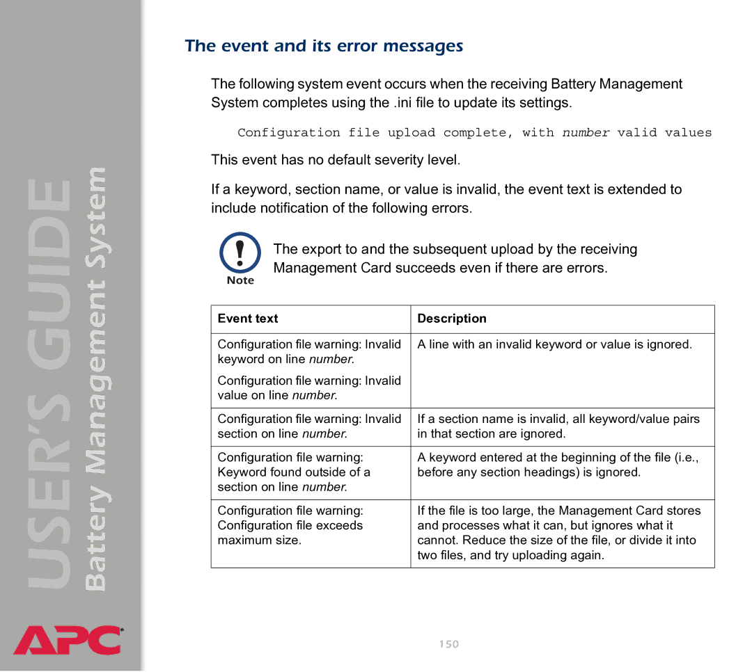 APC Battery Management System manual Event and its error messages, Event text Description 