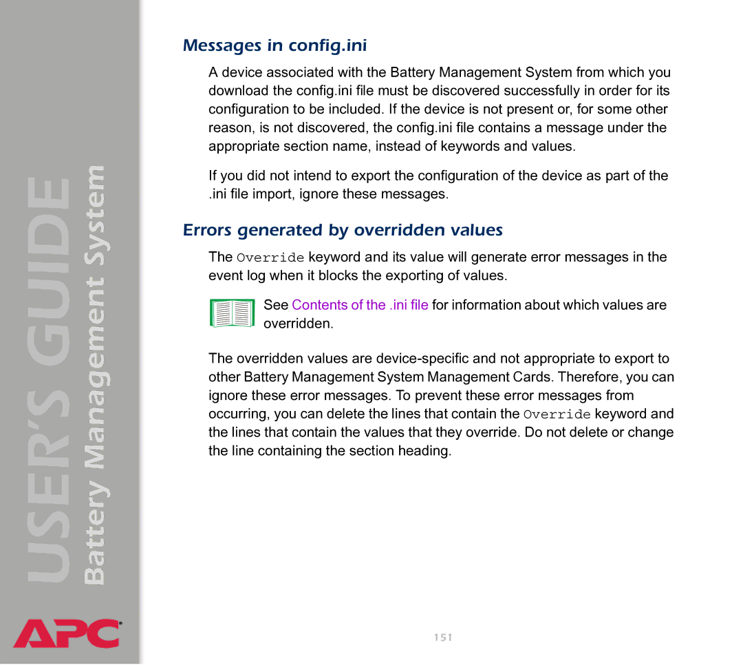 APC Battery Management System manual Messages in config.ini, Errors generated by overridden values 