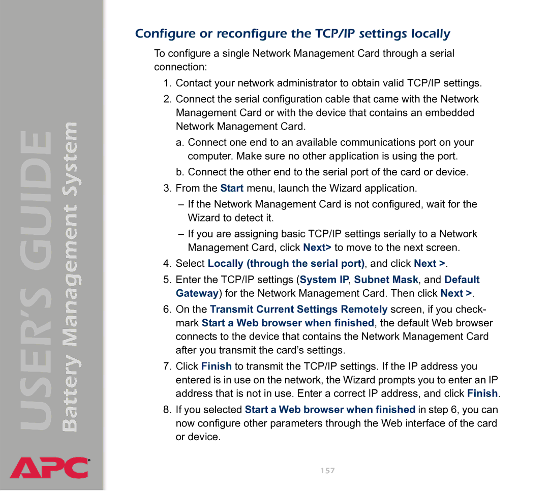 APC Battery Management System manual Configure or reconfigure the TCP/IP settings locally 