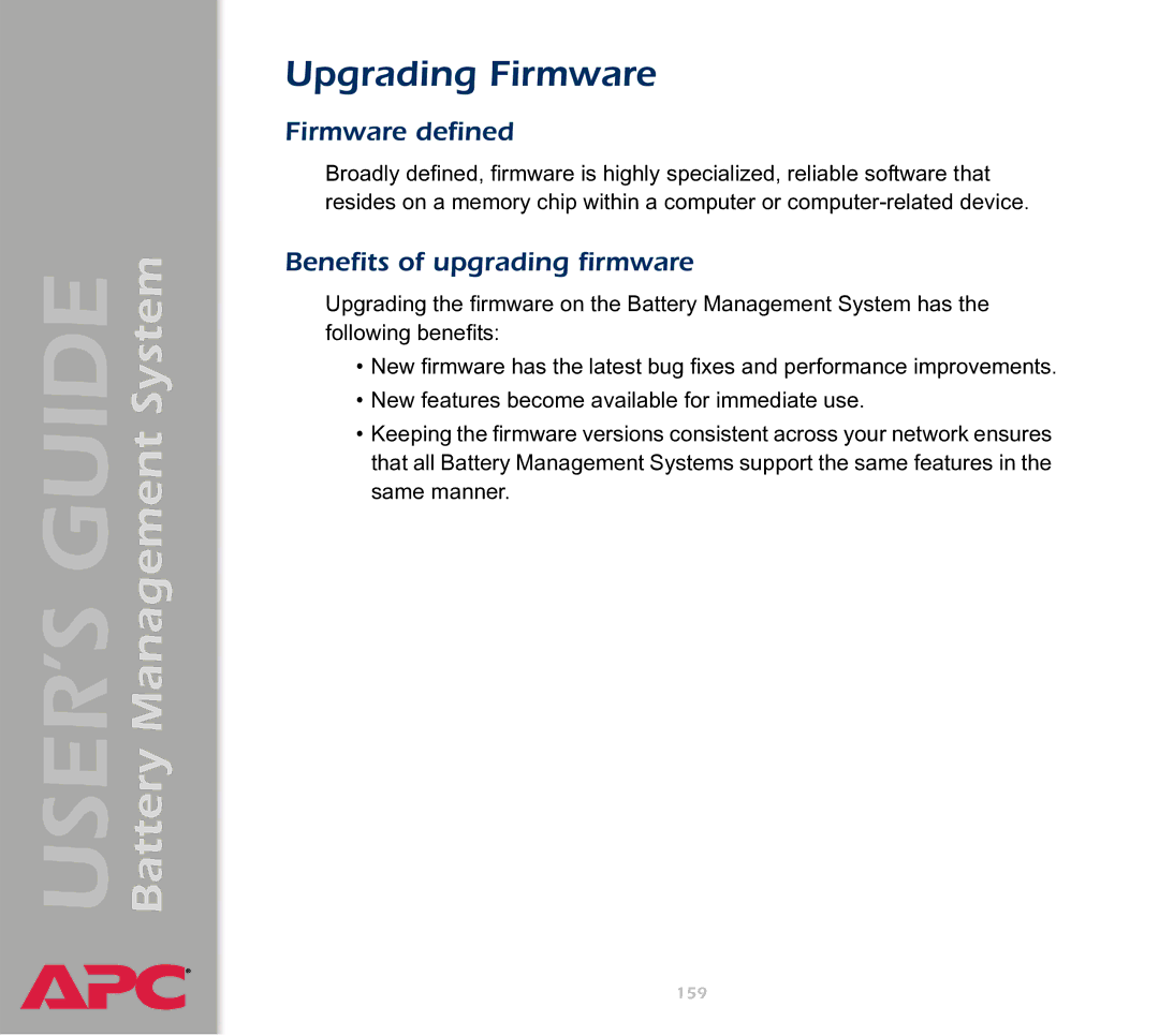 APC Battery Management System manual Upgrading Firmware, Firmware defined, Benefits of upgrading firmware 