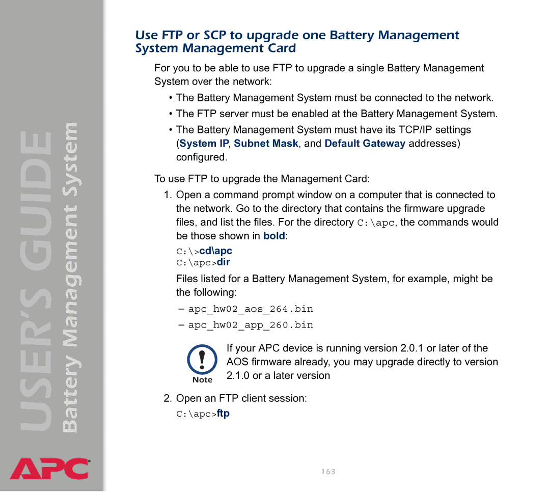 APC Battery Management System manual cd\apc, Apchw02aos264.bin Apchw02app260.bin 