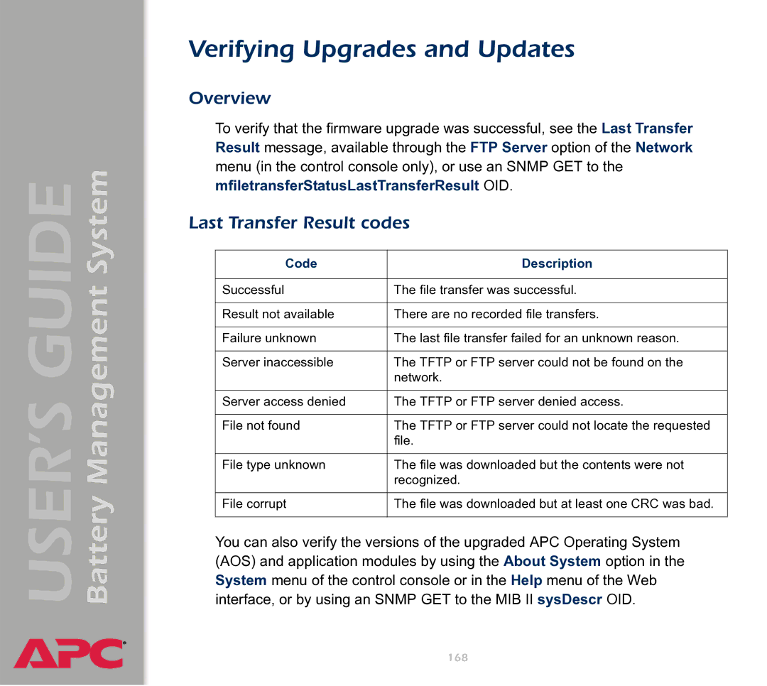 APC Battery Management System manual Verifying Upgrades and Updates, Last Transfer Result codes, Code Description 