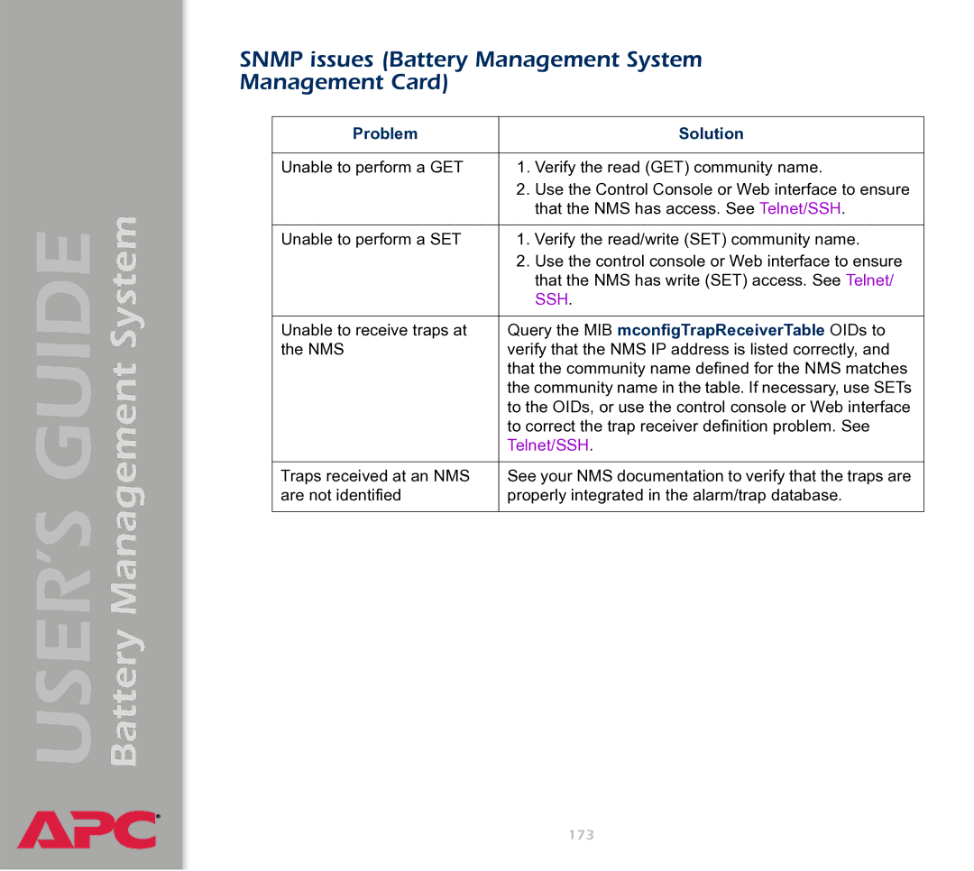 APC manual Snmp issues Battery Management System Management Card, Query the MIB mconfigTrapReceiverTable OIDs to 