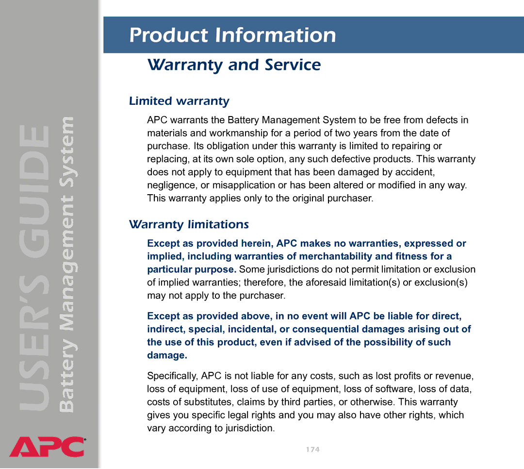 APC Battery Management System manual Product Information, Warranty and Service, Limited warranty, Warranty limitations 