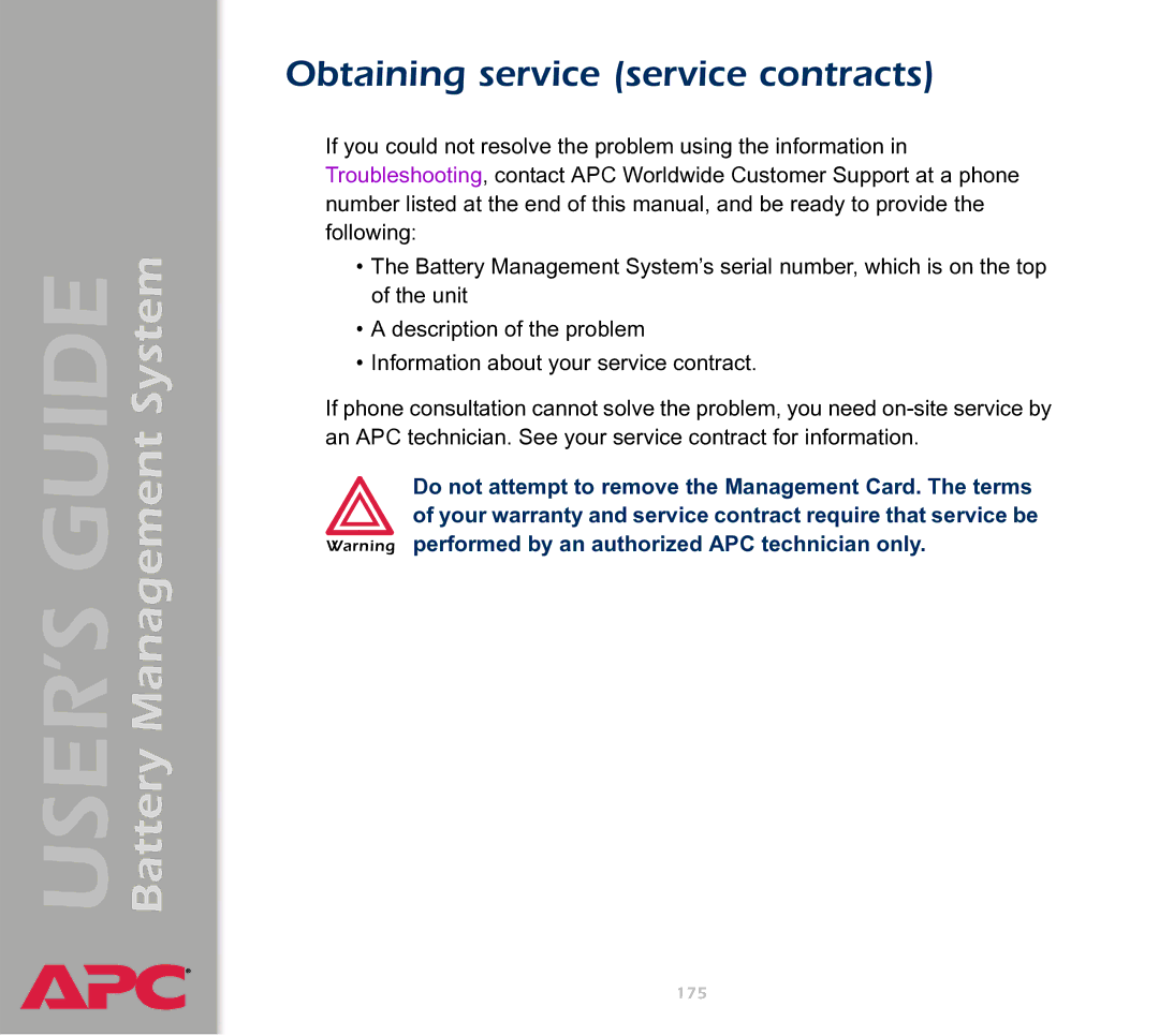 APC Battery Management System manual Obtaining service service contracts 