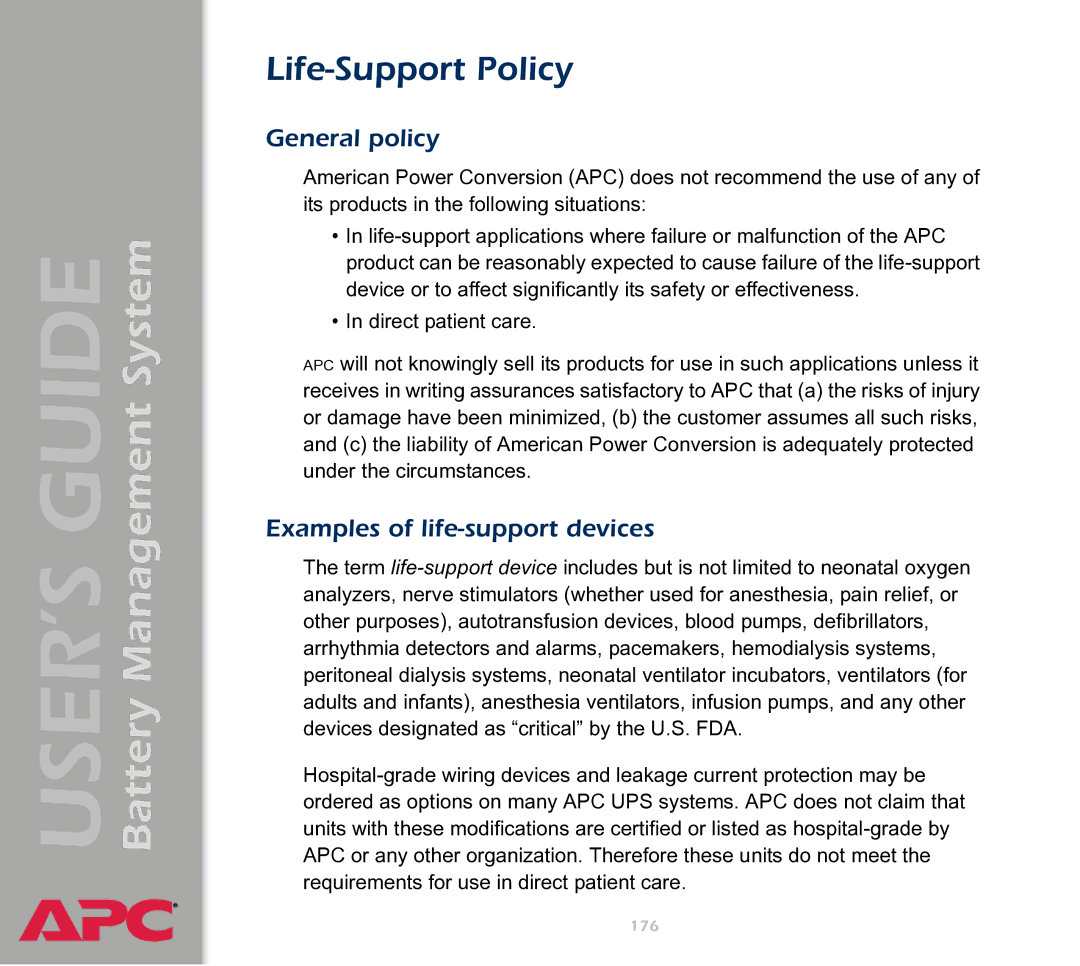 APC Battery Management System manual Life-Support Policy, General policy, Examples of life-support devices 